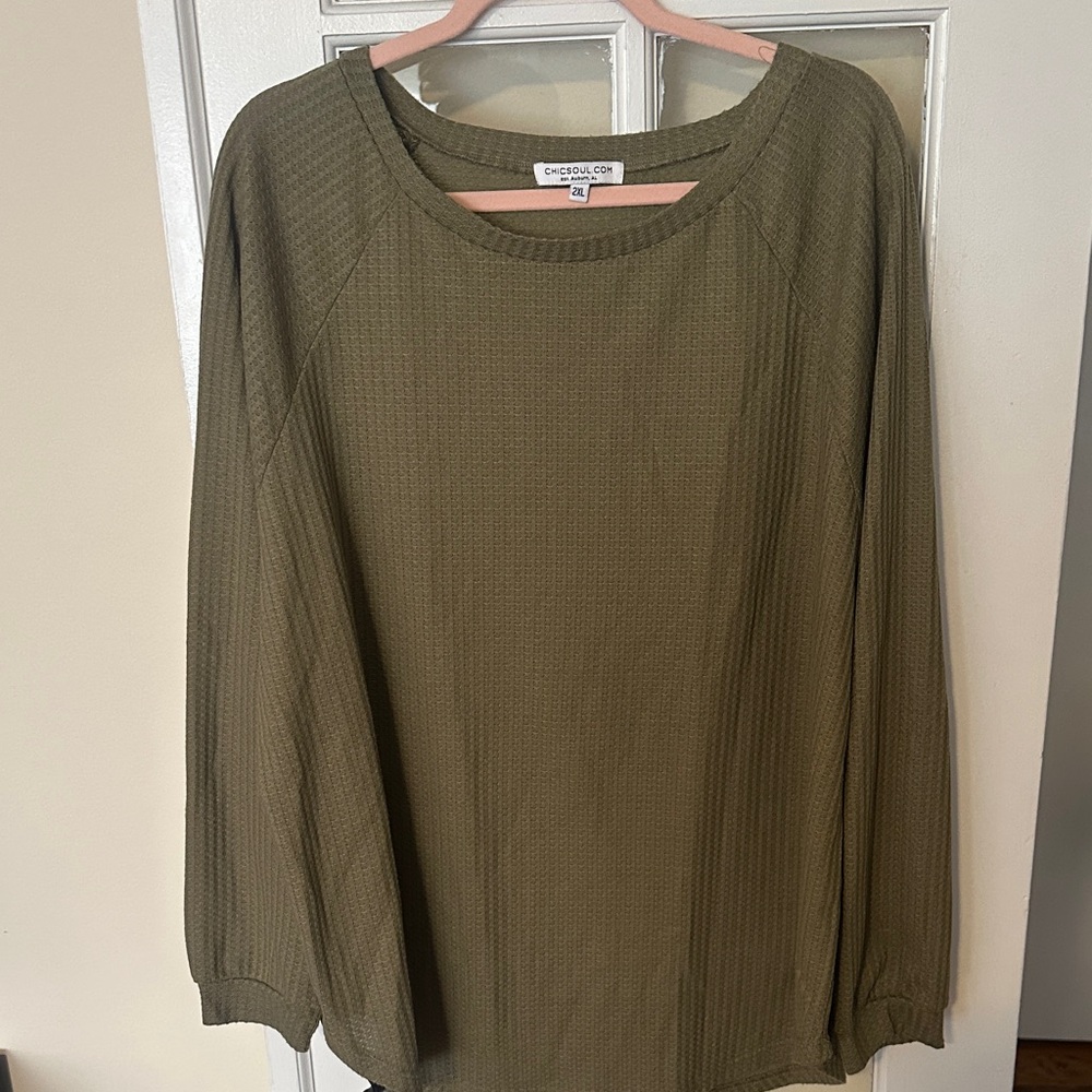 Chic Soul Olive Green Waffle Knit Long Sleeve Light weight Sweater